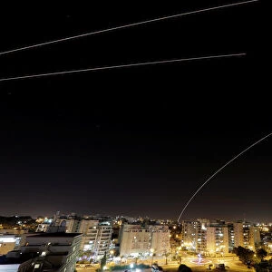 A general view of the Israeli city of Ashkelon, as an Iron Dome anti-missile fires near
