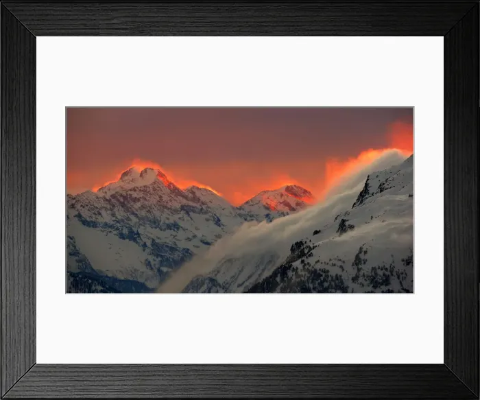 Framed Print : The sunset illuminates the peaks of the mountains near the Swiss mountain resort of St Framed Print : The sunset illuminates the peaks of the mountains near the Swiss mountain resort of St