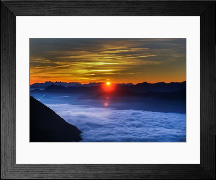 Framed Print : Fog covers the Inntal valley as the sunrise is seen from the Hundskopf mountain in Framed Print : Fog covers the Inntal valley as the sunrise is seen from the Hundskopf mountain in