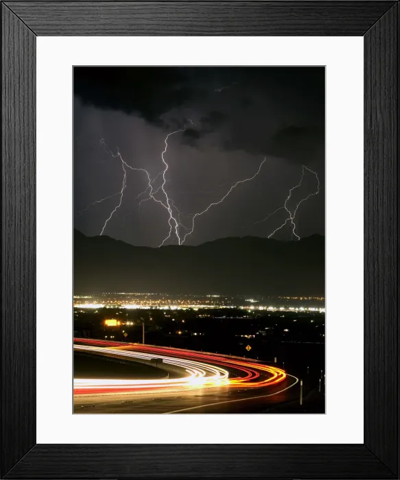 Framed Print : Bolts of lightning and vehicles on Interstate 215 light up northwest Las Vegas Framed Print : Bolts of lightning and vehicles on Interstate 215 light up northwest Las Vegas