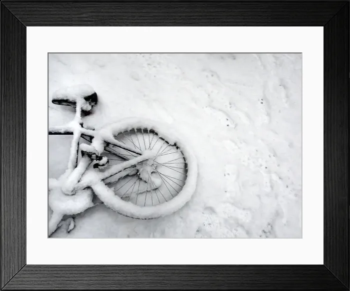 Framed Print : A fallen bicycle lies in the snow in Cambridge in eastern England Framed Print : A fallen bicycle lies in the snow in Cambridge in eastern England