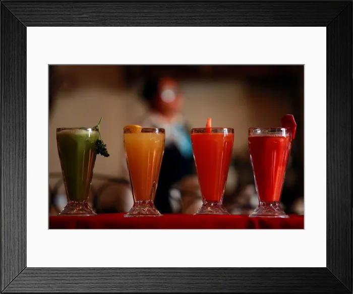 Framed Print : Freshly-made juices are displayed during breakfast at a restaurant in Ciudad Juarez Framed Print : Freshly-made juices are displayed during breakfast at a restaurant in Ciudad Juarez