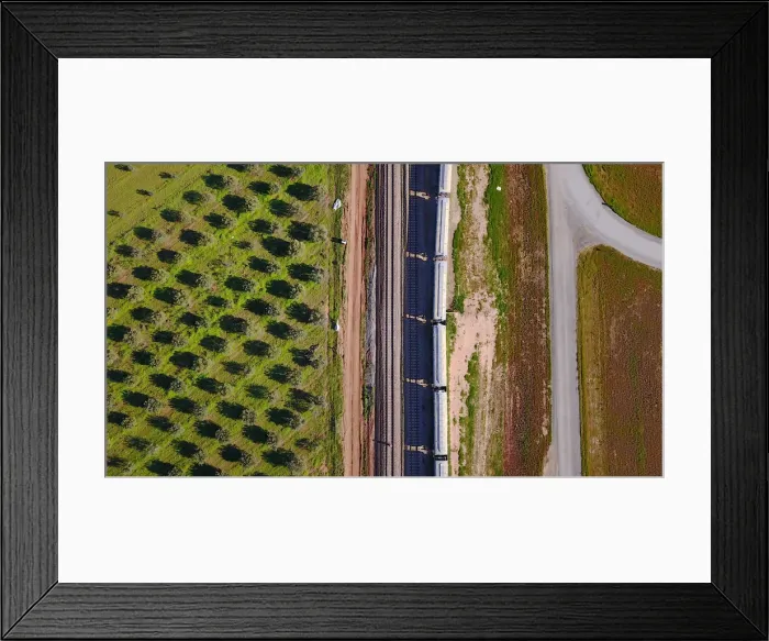Framed Print : Carriages of a train are loaded with grain at a storage site on the outskirts of Framed Print : Carriages of a train are loaded with grain at a storage site on the outskirts of