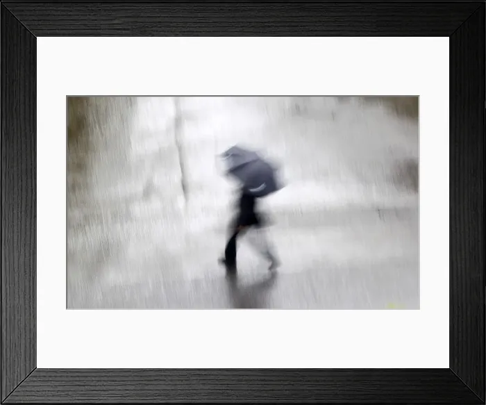 Framed Print : Man with an umbrella crosses a road in central Sydney Framed Print : Man with an umbrella crosses a road in central Sydney