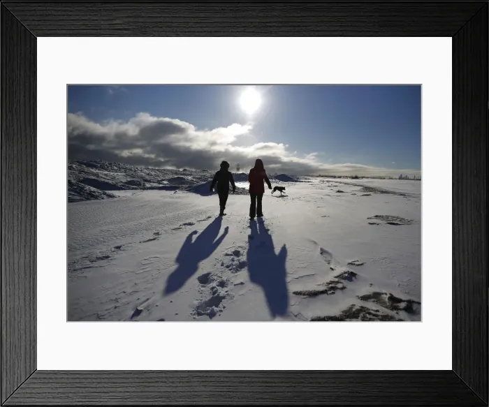 Framed Print : Two women walk their dogs along a frozen snow covered beach in Chicago