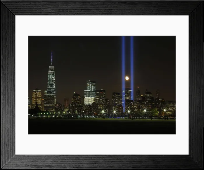 Framed Print : The moon rises between the Tribute in Light illuminated next to One World Trade Framed Print : The moon rises between the Tribute in Light illuminated next to One World Trade