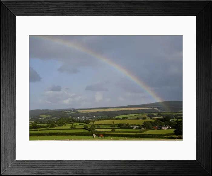 Framed Print : Horses graze in a field as a rainbow forms behind in Exmoor National Park, near Minehead Framed Print : Horses graze in a field as a rainbow forms behind in Exmoor National Park, near Minehead