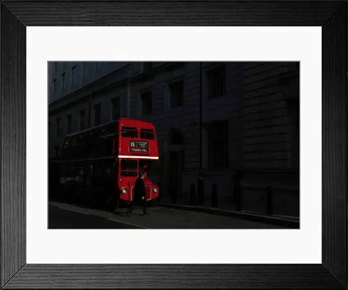 Framed Print : A bus is parked in a street in central London Framed Print : A bus is parked in a street in central London