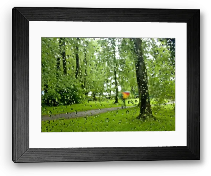 Framed Print : Raindrops are pictured on a car windscreen as person walks in a park on a rainy day