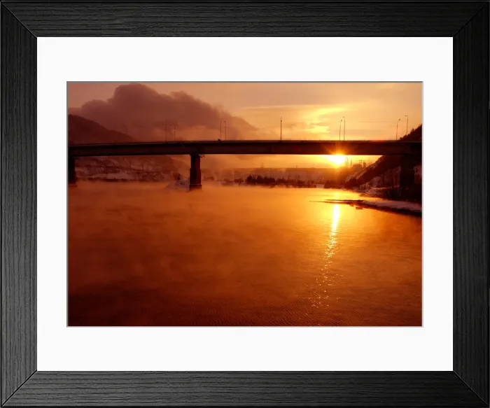 Framed Print : The sun sets over the Yenisey River near the hydroelectric power station by the town Framed Print : The sun sets over the Yenisey River near the hydroelectric power station by the town