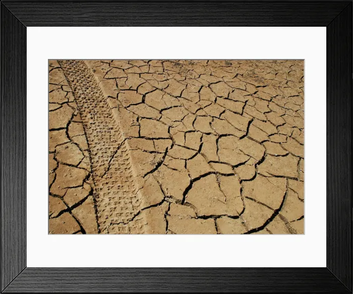 Framed Print : Tracks left by a vehicle remain on the cracked earth of the drought-stricken Entrepenas Framed Print : Tracks left by a vehicle remain on the cracked earth of the drought-stricken Entrepenas