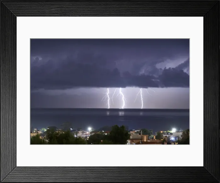 Framed Print : Lightnings strike in the sea off the shore of Artemida Framed Print : Lightnings strike in the sea off the shore of Artemida