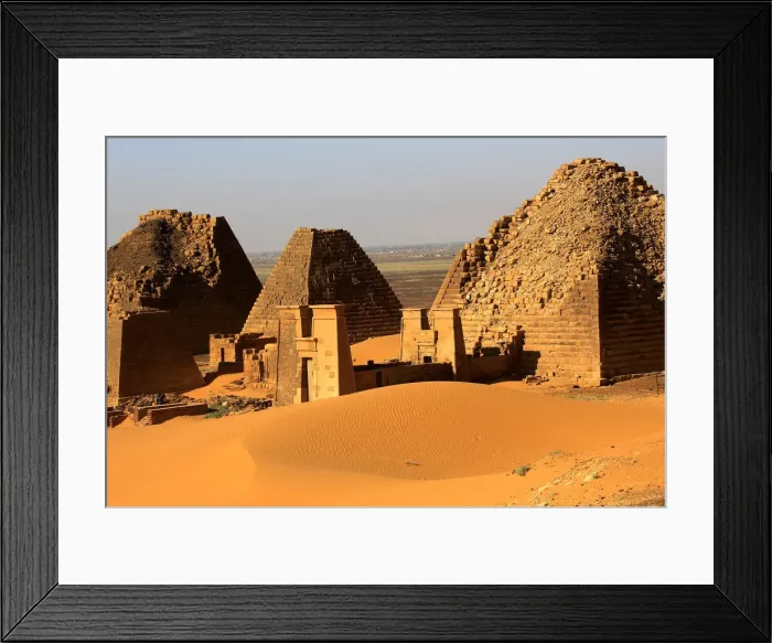 Framed Print : Creeping desert sands surround the Royal Cemeteries of Meroe Pyramids in Begrawiya Framed Print : Creeping desert sands surround the Royal Cemeteries of Meroe Pyramids in Begrawiya