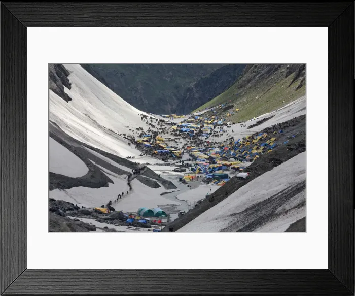 Framed Print : Hindu pilgrims arrive to worship at the holy cave of Lord Shiva in Amarnath Framed Print : Hindu pilgrims arrive to worship at the holy cave of Lord Shiva in Amarnath