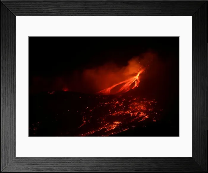 Framed Print : Lava and plumes of smoke erupt from Mount Etna Framed Print : Lava and plumes of smoke erupt from Mount Etna