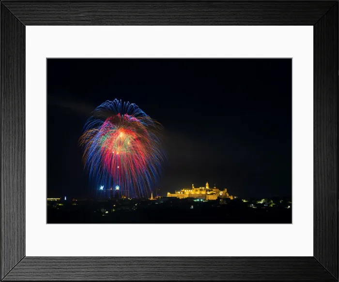 Framed Print : Fireworks explode over the town of Victoria on the Maltese island of Gozo during Framed Print : Fireworks explode over the town of Victoria on the Maltese island of Gozo during