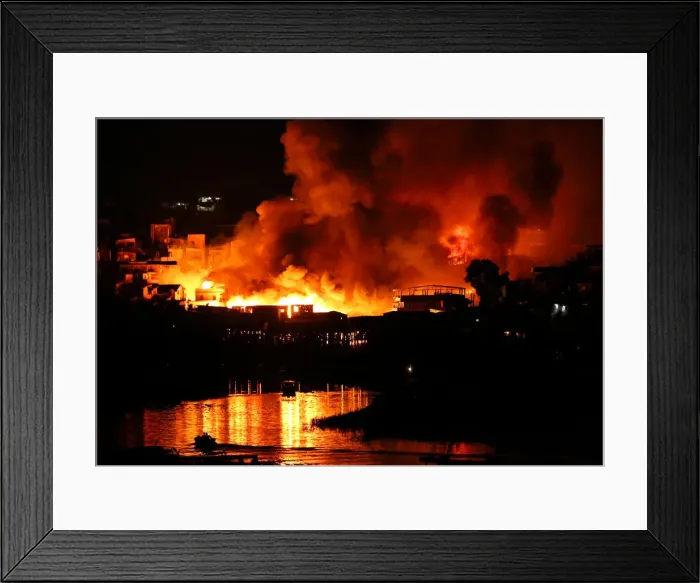 Framed Print : Houses on fire are seen at Educandos neighbourhood, a branch of the Rio Negro Framed Print : Houses on fire are seen at Educandos neighbourhood, a branch of the Rio Negro