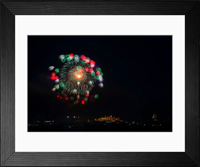 Framed Print : Fireworks explode over the town of Victoria on the Maltese island of Gozo during Framed Print : Fireworks explode over the town of Victoria on the Maltese island of Gozo during
