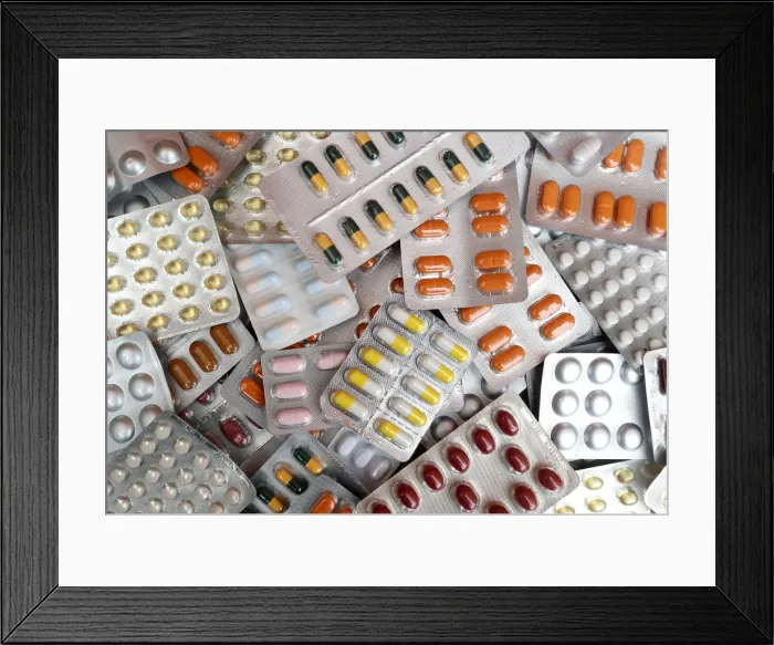 Framed Print : Illustration photo shows various medicine pills in their original packaging in Brussels Framed Print : Illustration photo shows various medicine pills in their original packaging in Brussels