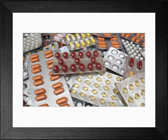 Framed Print : Illustration photo shows various medicine pills in their original packaging in Brussels Framed Print : Illustration photo shows various medicine pills in their original packaging in Brussels