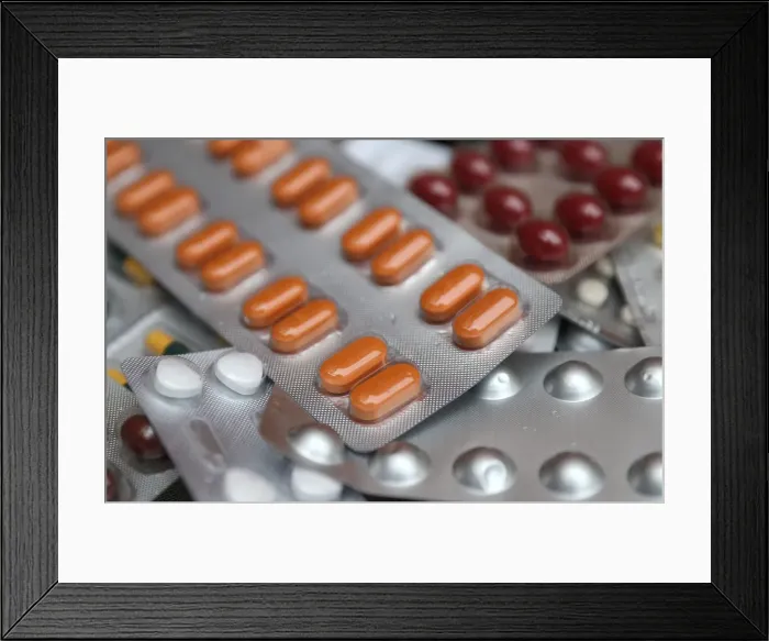 Framed Print : Illustration photo shows various medicine pills in their original packaging in Brussels Framed Print : Illustration photo shows various medicine pills in their original packaging in Brussels