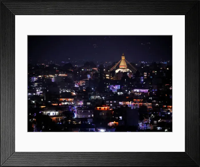 Framed Print : A general view shows houses decorated with lanterns and lights during the Tihar festival