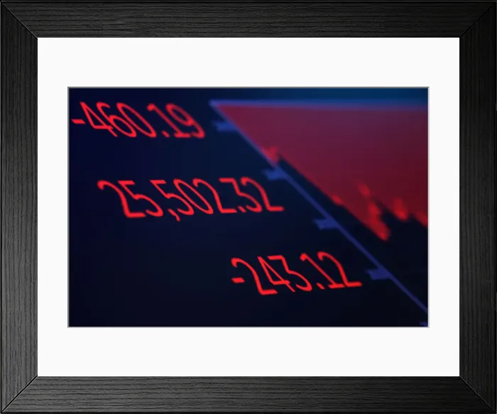 Framed Print : A screen displays the Dow Jones Industrial Average after the closing bell on the floor of Framed Print : A screen displays the Dow Jones Industrial Average after the closing bell on the floor of
