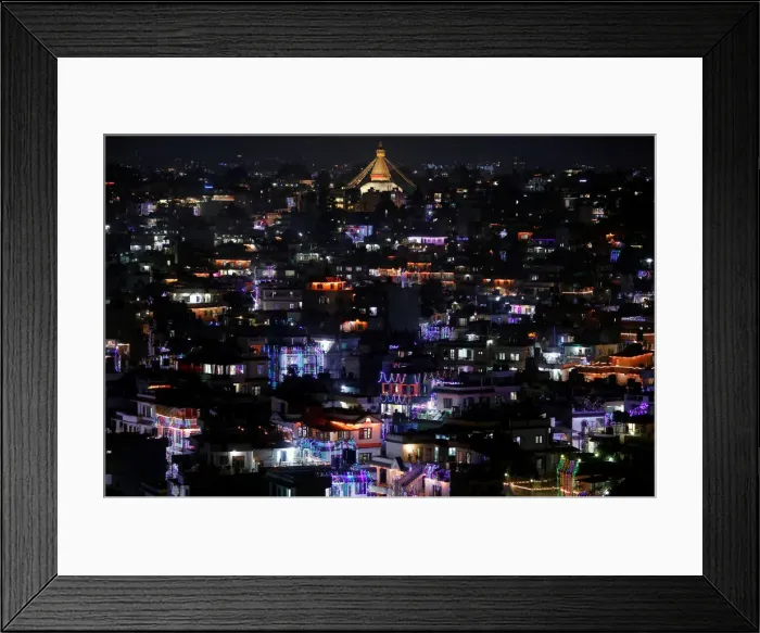 Framed Print : A general view shows houses decorated with lanterns and lights during the Tihar festival Framed Print : A general view shows houses decorated with lanterns and lights during the Tihar festival