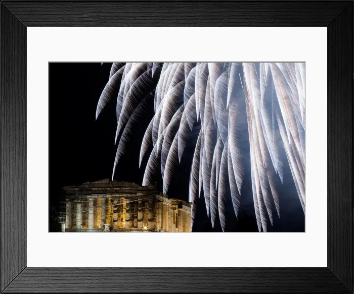 Framed Print : Fireworks explode over the ancient Parthenon temple atop Acropolis hill during New Year s Framed Print : Fireworks explode over the ancient Parthenon temple atop Acropolis hill during New Year s