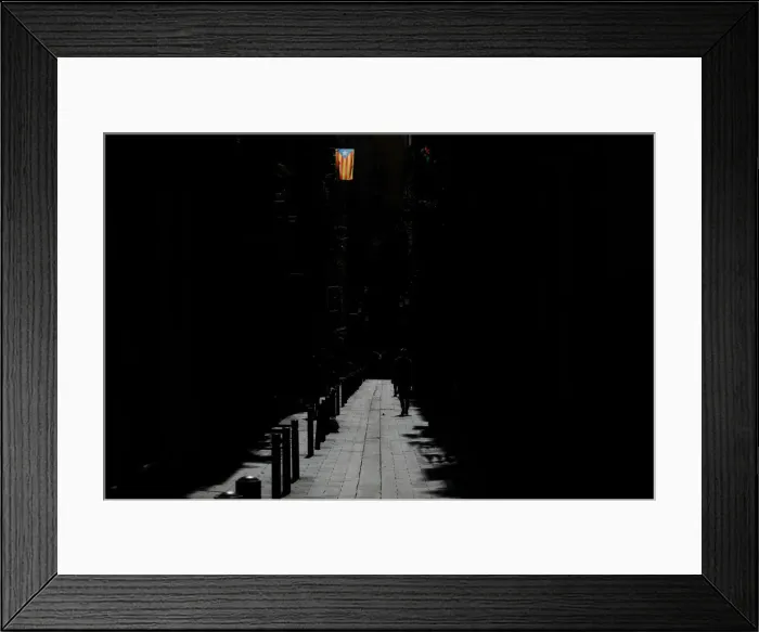 Framed Print : A bird flies past a man walking underneath an Estelada (Catalan separatist flag Framed Print : A bird flies past a man walking underneath an Estelada (Catalan separatist flag