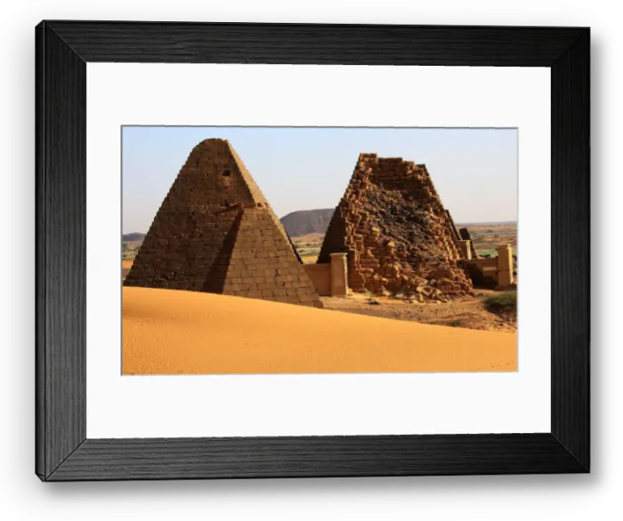 Framed Print : Creeping desert sands surround the Royal Cemeteries of Meroe Pyramids in Begrawiya Framed Print : Creeping desert sands surround the Royal Cemeteries of Meroe Pyramids in Begrawiya