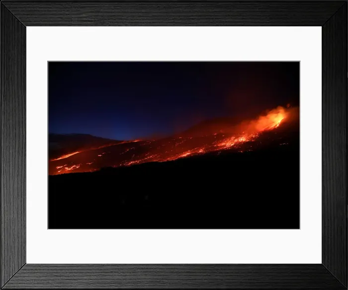 Framed Print : Lava and plumes of smoke erupt from Mount Etna Framed Print : Lava and plumes of smoke erupt from Mount Etna