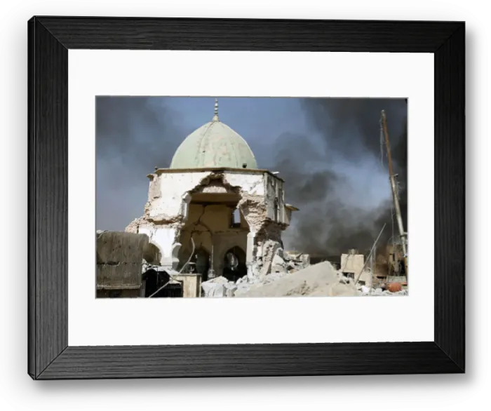 Framed Print : Smoke billows from the ruined Grand al-Nuri Mosque after it was retaken by the Iraqi Framed Print : Smoke billows from the ruined Grand al-Nuri Mosque after it was retaken by the Iraqi