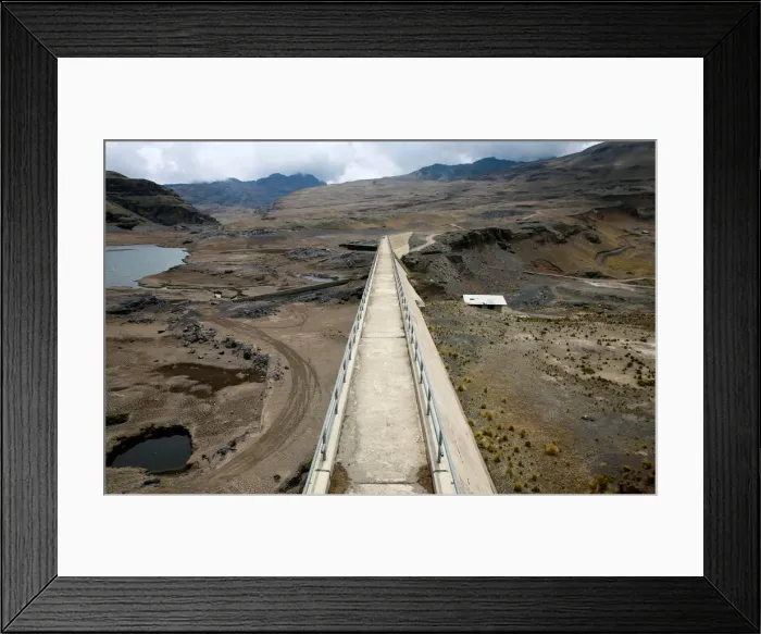 Framed Print : A general view of the dried Ajuan Khota dam, a water reserve affected by drought near La Framed Print : A general view of the dried Ajuan Khota dam, a water reserve affected by drought near La