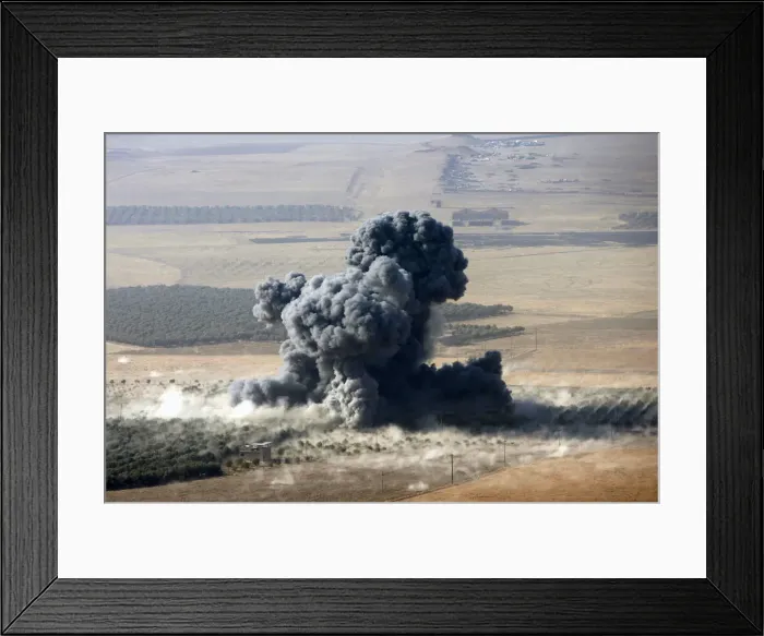 Framed Print : Smoke rises at Islamic State militants positions in the town of Naweran Framed Print : Smoke rises at Islamic State militants positions in the town of Naweran