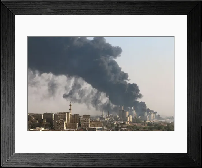 Framed Print : A general view shows rising smoke from a Syrian regime controlled cement factory Framed Print : A general view shows rising smoke from a Syrian regime controlled cement factory