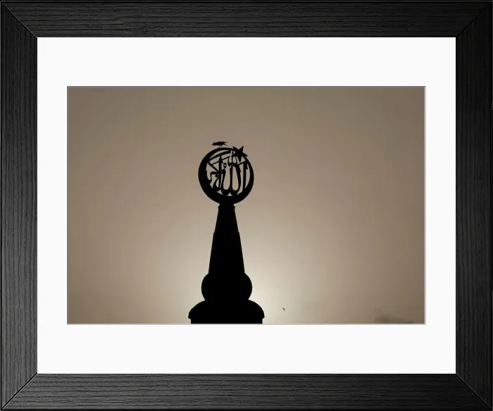 Framed Print : A bird sits on a religious sign on a mosque, silhouetted against the setting sun in Framed Print : A bird sits on a religious sign on a mosque, silhouetted against the setting sun in