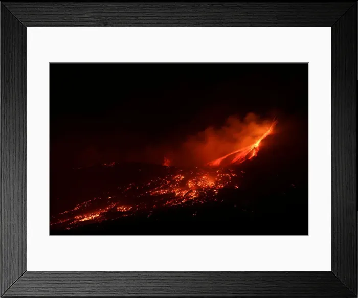 Framed Print : Lava and plumes of smoke erupt from Mount Etna Framed Print : Lava and plumes of smoke erupt from Mount Etna