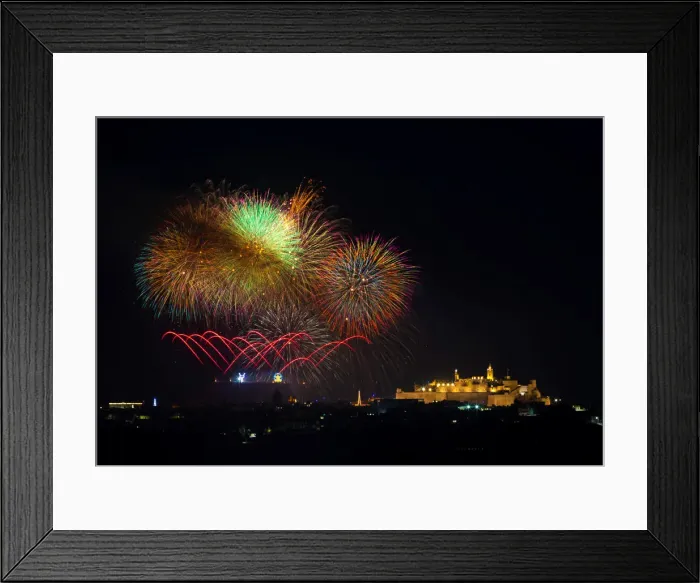 Framed Print : Fireworks explode over the town of Victoria on the Maltese island of Gozo during Framed Print : Fireworks explode over the town of Victoria on the Maltese island of Gozo during