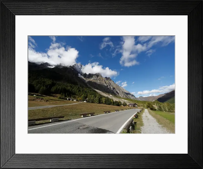 Framed Print : General view of a closed Val Ferret road on the Italian side of the Mont Blanc massif Framed Print : General view of a closed Val Ferret road on the Italian side of the Mont Blanc massif