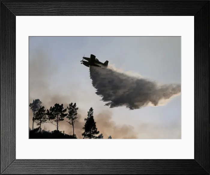 Framed Print : A firefighting plane dumps water on a forest fire in Mendeira Framed Print : A firefighting plane dumps water on a forest fire in Mendeira