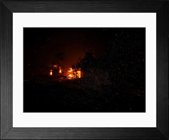 Framed Print : Home burns during a wildfire that claimed dozens of others in Thousand Oaks Framed Print : Home burns during a wildfire that claimed dozens of others in Thousand Oaks