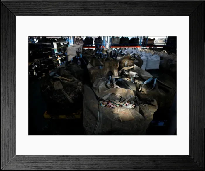 Framed Print : Old batteries are stacked at an urban mining plant in Gunsan Framed Print : Old batteries are stacked at an urban mining plant in Gunsan