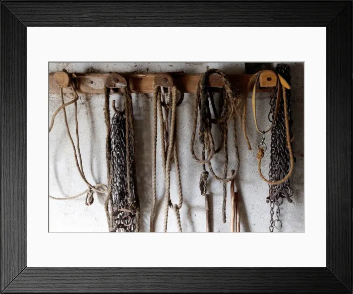 Framed Print : Tethers and chains are pictured in a barn in Curieres