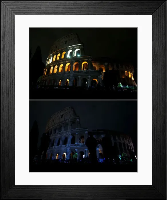 Framed Print : A combination picture shows a view of the ancient Colosseum before Framed Print : A combination picture shows a view of the ancient Colosseum before