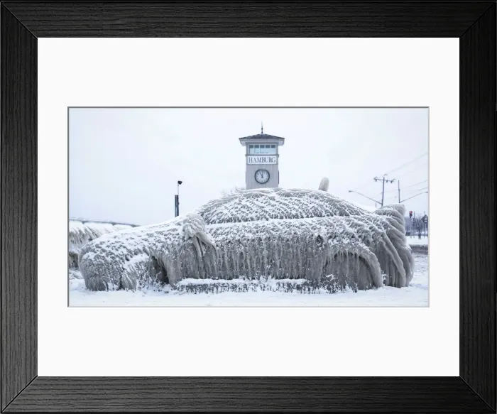 Framed Print : A car covered with ice remains stranded on the waterfront in Hamburg, New York Framed Print : A car covered with ice remains stranded on the waterfront in Hamburg, New York