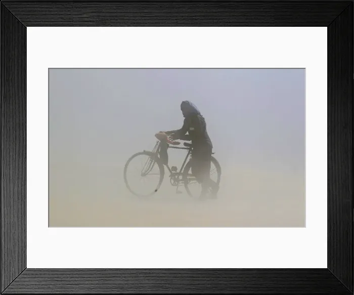 Framed Print : A man covers his face as he pushes a bicycle through a dust storm on the banks of Framed Print : A man covers his face as he pushes a bicycle through a dust storm on the banks of