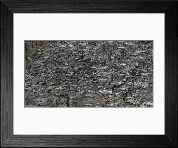 Framed Print : An aerial view of the ruins of houses after the devastation of super Typhoon Haiyan in Framed Print : An aerial view of the ruins of houses after the devastation of super Typhoon Haiyan in