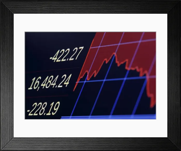 Framed Print : A screen displays the Dow Jones Industrial Average on the floor of the New York Stock Framed Print : A screen displays the Dow Jones Industrial Average on the floor of the New York Stock