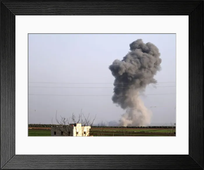 Framed Print : Smoke rises as Turkish-backed Free Syrian Army fighters advanced in north of Afrin Framed Print : Smoke rises as Turkish-backed Free Syrian Army fighters advanced in north of Afrin